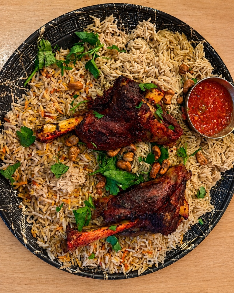 Große gemeinsame Platte mit zwei Lammstücken und Reis bei Mandy Restaurant Berlin